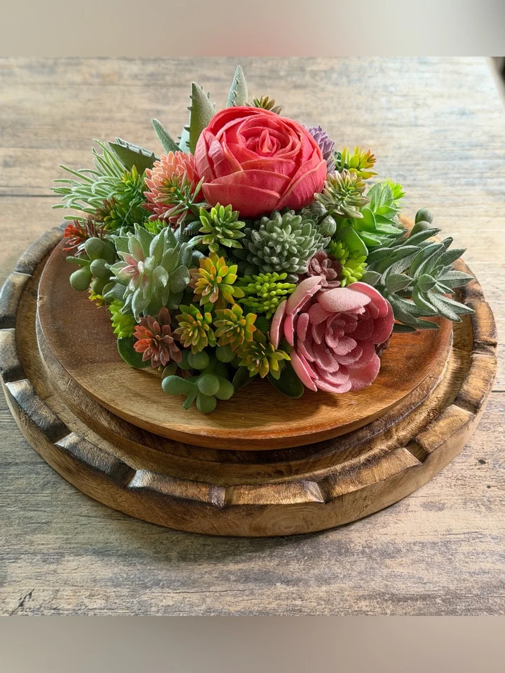 Handcrafted Artificial Succulent Plant and Pink Rose Centerpiece
